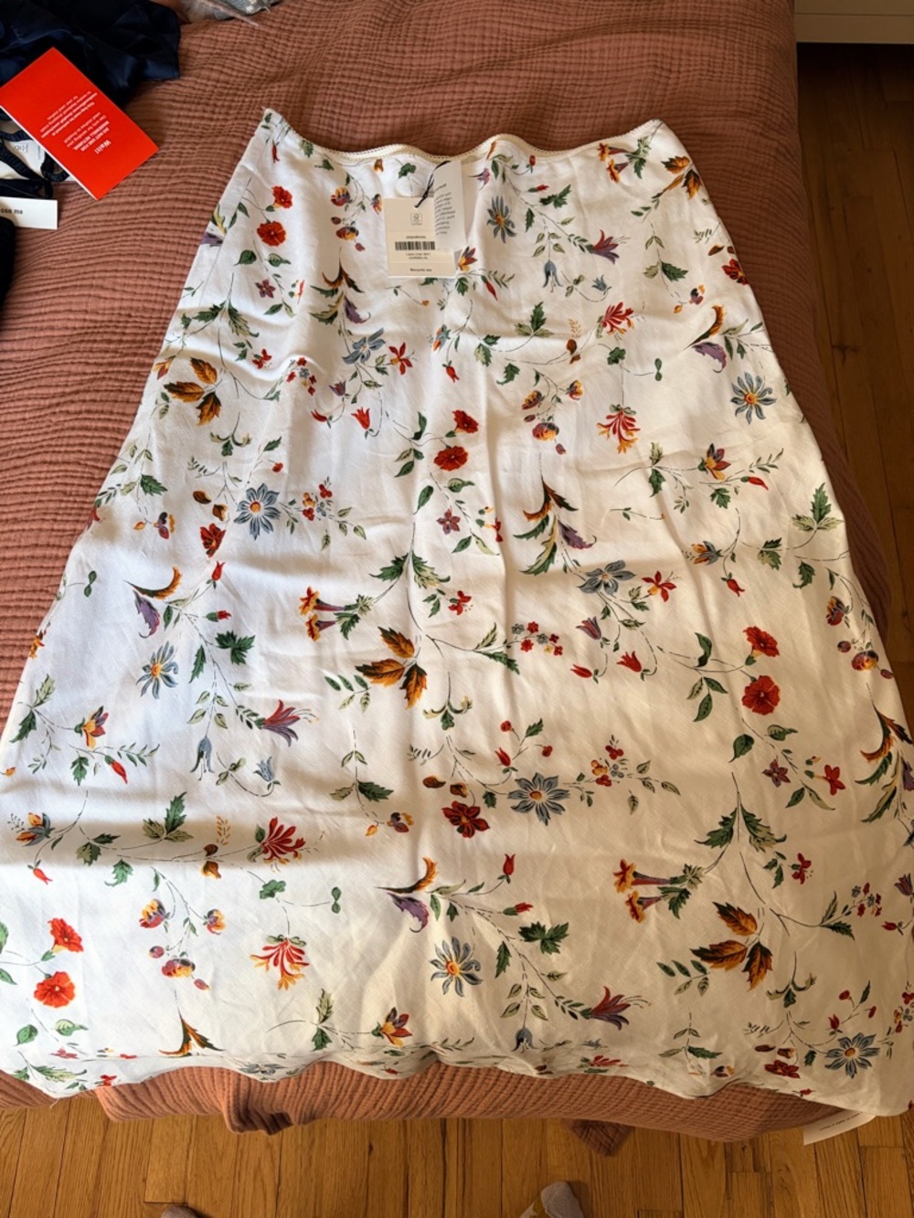 Reformation White Linen Floral A-Line Midi Skirt with Multicolor Blooms